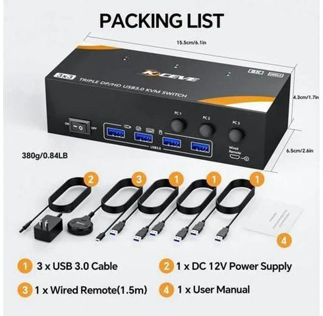 Alt view image 4 of 6 - 3-In-3-Out Triple Monitor DP+HDMI KVM Switch 8K@60Hz 4K@144Hz, USB 3.0 KVM Switcher for 3 PCs Share Keyboard Mouse, Wired Remote & Power Adapter Included