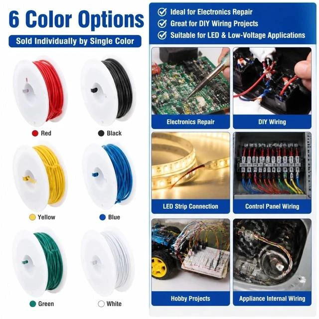 Alt view image 7 of 7 - 26AWG PVC Hookup Wire 20m/66ft Black, 1007 Tinned Copper Electronic Wire, 300V 80°C Fly Jumper Cable for PCB DIY Electronics