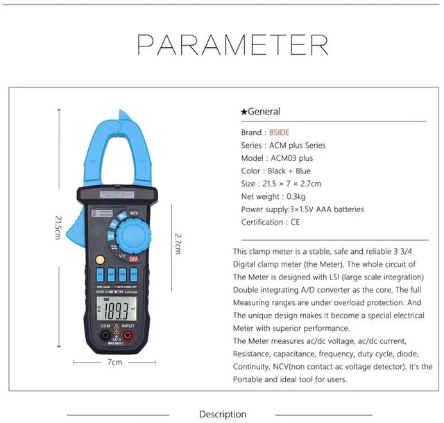 Alt view image 5 of 7 - ACM03 Plus Digital Clamp Multimeter AC/DC Current Tester, 4000 Counts, Auto-Ranging, NCV, Capacitance/Frequency/Diode Test