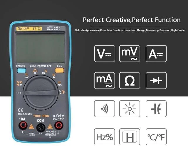 Alt view image 3 of 7 - High-Accuracy ZT102 Digital Multimeter Auto-Ranging, True RMS, 6000 Counts, AC/DC Voltage Current Resistance Capacitance Frequency Temperature Tester