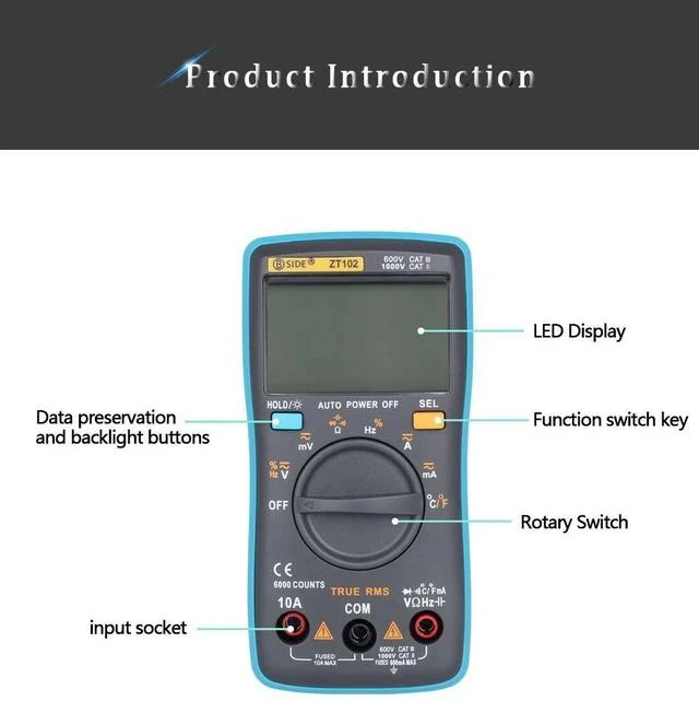 Alt view image 4 of 7 - High-Accuracy ZT102 Digital Multimeter Auto-Ranging, True RMS, 6000 Counts, AC/DC Voltage Current Resistance Capacitance Frequency Temperature Tester