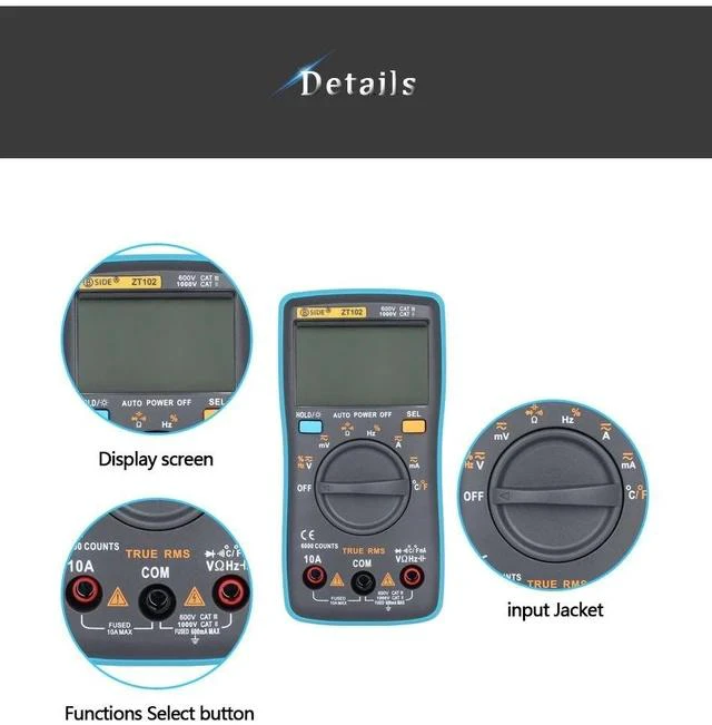 Alt view image 5 of 7 - High-Accuracy ZT102 Digital Multimeter Auto-Ranging, True RMS, 6000 Counts, AC/DC Voltage Current Resistance Capacitance Frequency Temperature Tester