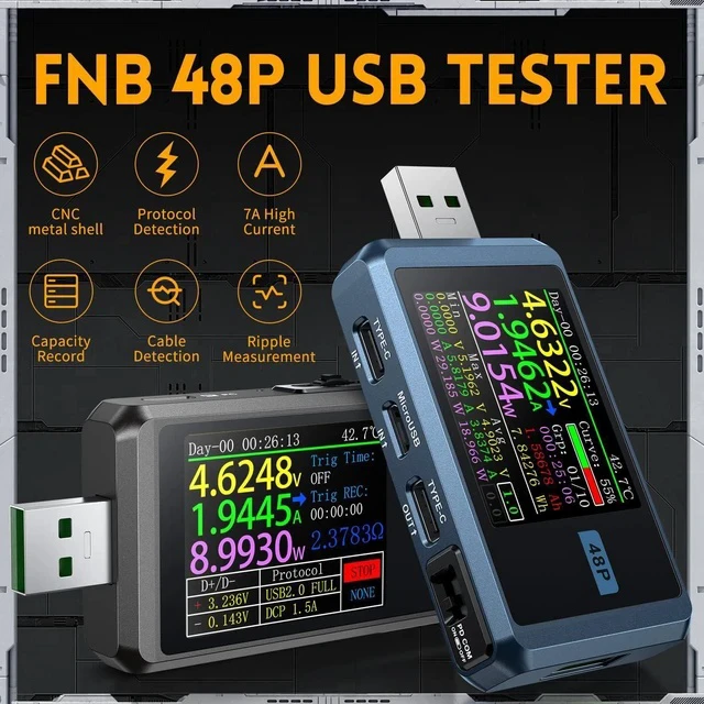 Alt view image 2 of 7 - FNB48P USB Tester, PD/QC, USB-C E-Marker Reader, 24V 6.5A, USB-A/C