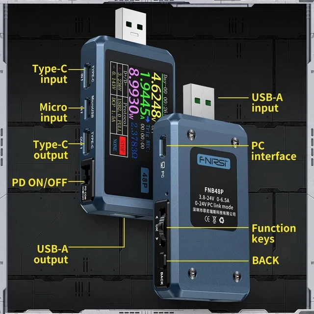 Alt view image 4 of 7 - FNB48P USB Tester, PD/QC, USB-C E-Marker Reader, 24V 6.5A, USB-A/C