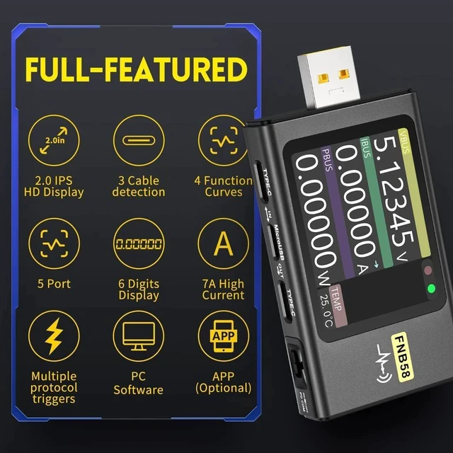 Alt view image 4 of 7 - FNB58 USB Tester, PD/QC, USB-C E-Marker Reader, 28V 7A, USB-A/C