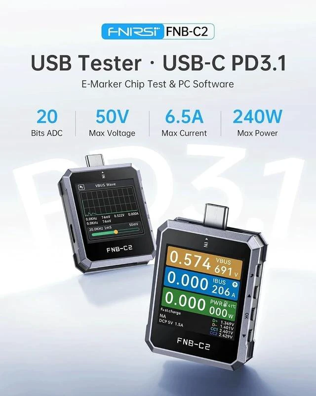 Alt view image 2 of 7 - FNB-C2 PD3.1 USB-C Tester 240W, Bi-Directional, E-Marker Reader
