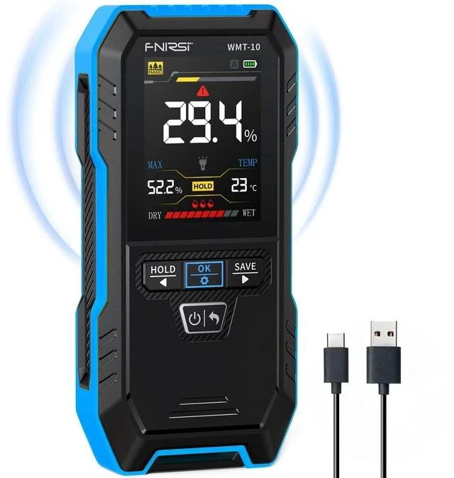 Main image of WMT-10 Pinless Wood Moisture Meter, Rechargable Moisture Meter for Wood, Wall, Firewood, Support Data Hold and Record, Flashlight, Humidity Detector for Lumber Concrete Building