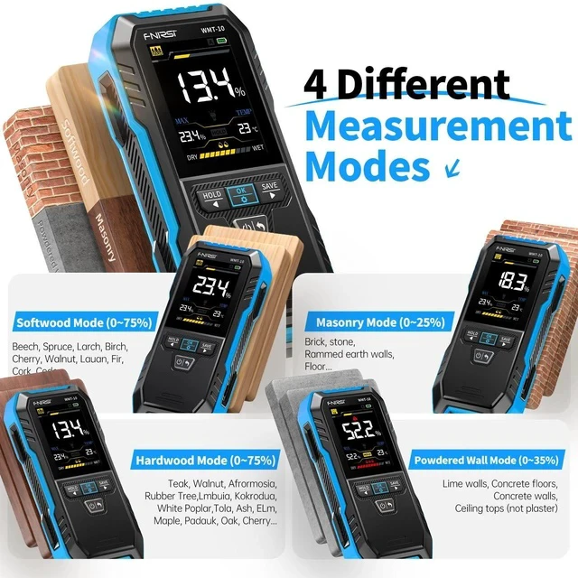 Alt view image 3 of 7 - WMT-10 Pinless Wood Moisture Meter, Rechargable Moisture Meter for Wood, Wall, Firewood, Support Data Hold and Record, Flashlight, Humidity Detector for Lumber Concrete Building