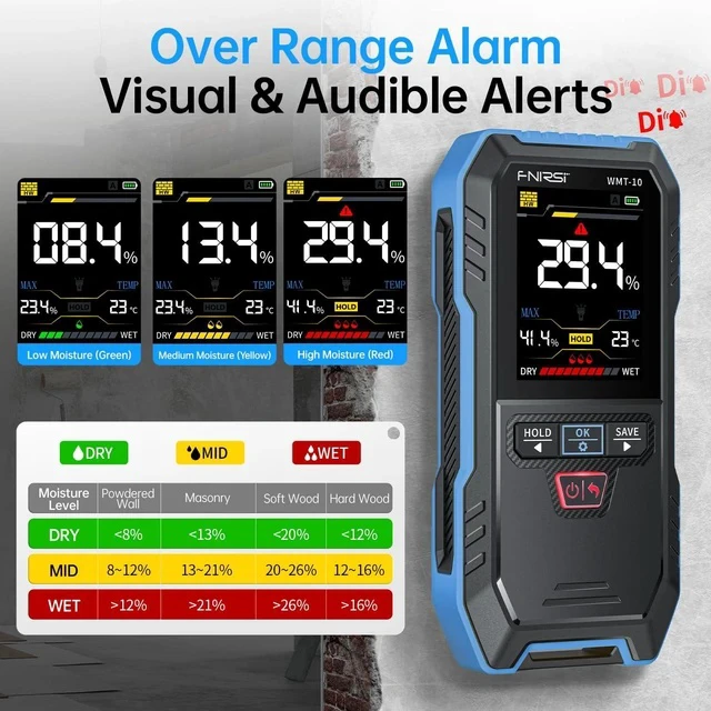Alt view image 4 of 7 - WMT-10 Pinless Wood Moisture Meter, Rechargable Moisture Meter for Wood, Wall, Firewood, Support Data Hold and Record, Flashlight, Humidity Detector for Lumber Concrete Building