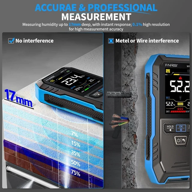 Alt view image 5 of 7 - WMT-10 Pinless Wood Moisture Meter, Rechargable Moisture Meter for Wood, Wall, Firewood, Support Data Hold and Record, Flashlight, Humidity Detector for Lumber Concrete Building