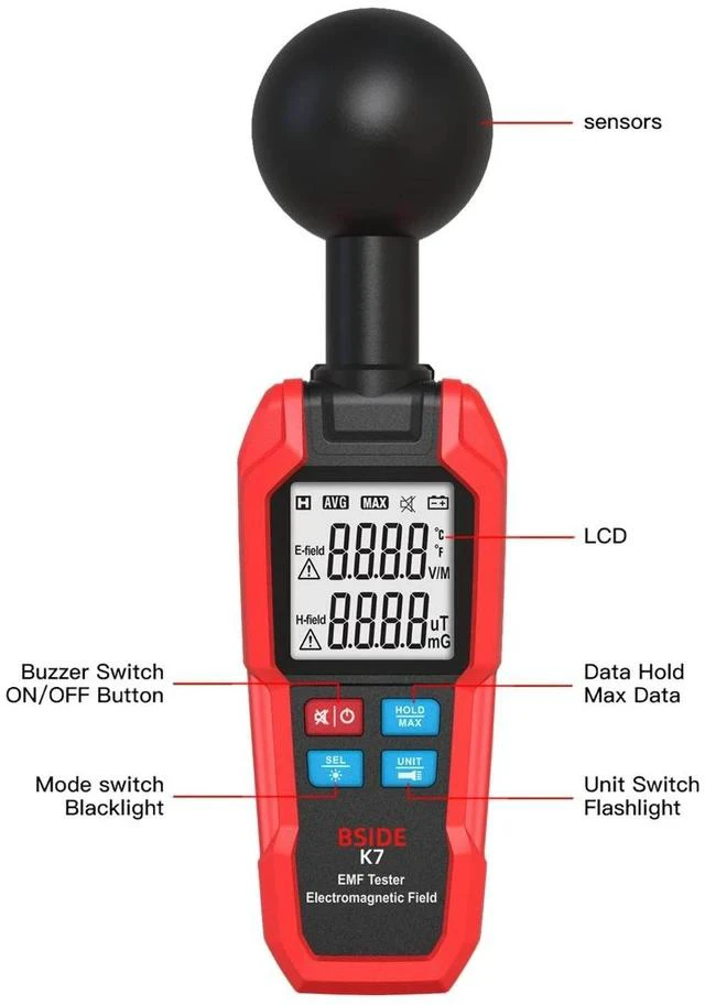 Main image of K7 Handheld Electromagnetic Radiation Detector EMF Meter for Home/Office, Dual Mode (Electric Field & Magnetic Field), Audible Alarm, Data Hold, Backlit LCD