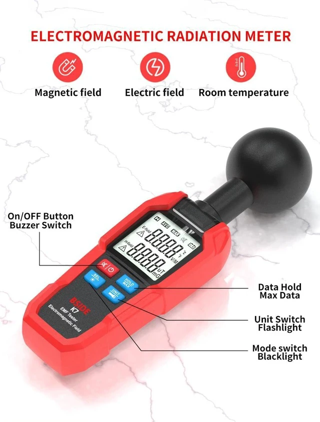 Alt view image 2 of 6 - K7 Handheld Electromagnetic Radiation Detector EMF Meter for Home/Office, Dual Mode (Electric Field & Magnetic Field), Audible Alarm, Data Hold, Backlit LCD