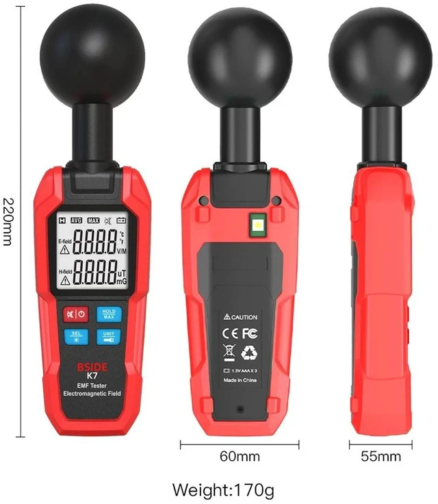 Alt view image 5 of 6 - K7 Handheld Electromagnetic Radiation Detector EMF Meter for Home/Office, Dual Mode (Electric Field & Magnetic Field), Audible Alarm, Data Hold, Backlit LCD
