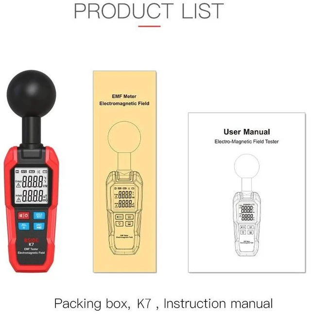 Alt view image 6 of 6 - K7 Handheld Electromagnetic Radiation Detector EMF Meter for Home/Office, Dual Mode (Electric Field & Magnetic Field), Audible Alarm, Data Hold, Backlit LCD