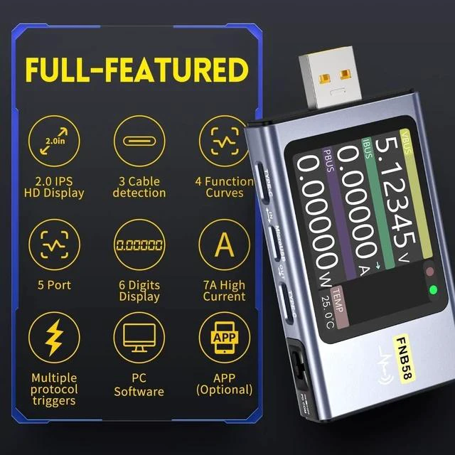 Alt view image 7 of 7 - FNB58 USB Tester, PD/QC, USB-C E-Marker Reader, 28V 7A, USB-A/C