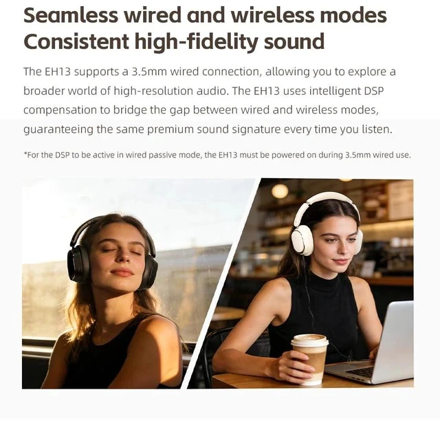 Alt view image 5 of 7 - EH13 Wireless Bluetooth Noise Cancelling Over-Ear Headphones, 42dB Hybrid ANC, 45H Playtime, Foldable Headphones for Travel, Work & Commuting (Black)