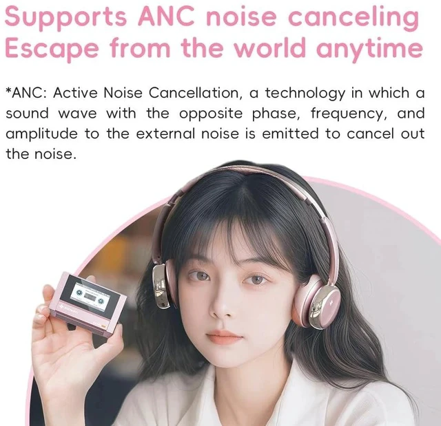 Alt view image 3 of 7 - Anytime Active Noise Cancelling Bluetooth 5.4 Retro Headphones, 58H Playtime, with Microphone,Light Weight Earphones Comfort Headsets for Travel,Home (Pink)