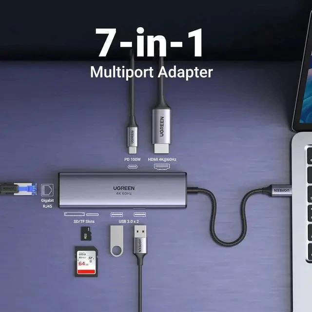 Alt view image 2 of 7 - UGREEN USB C Hub 7 in 1 Gigabit Ethernet 4K@60Hz HDMI, 100W PD Charging, SD/TF Card Reader, 2 USB A Data Ports Compatible with Mac M1, M2, M3, iPad, iPhone 15 Pro/Pro Max, Steam Deck