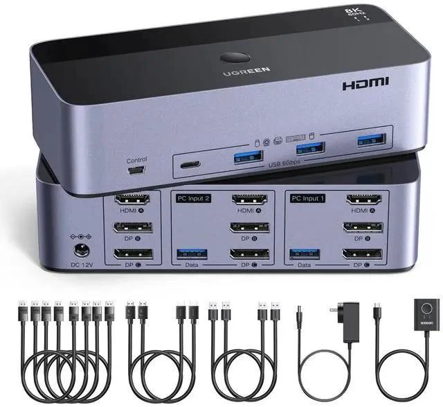 Main image of UGREEN 8K@60Hz HDMI Displayport KVM Switch 3 Monitors 2 Computers, Aluminum 4K@240Hz with 4 USB 3.0 Ports for 2 Computers Share Triple Monitors with 4 DP+2 HDMI+2 USB Cables/Power Adapter/Controller