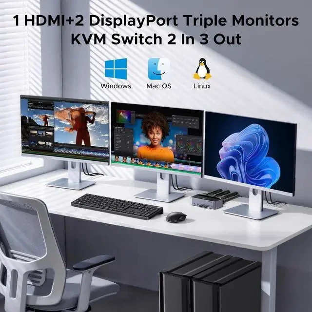 Alt view image 2 of 7 - UGREEN 8K@60Hz HDMI Displayport KVM Switch 3 Monitors 2 Computers, Aluminum 4K@240Hz with 4 USB 3.0 Ports for 2 Computers Share Triple Monitors with 4 DP+2 HDMI+2 USB Cables/Power Adapter/Controller