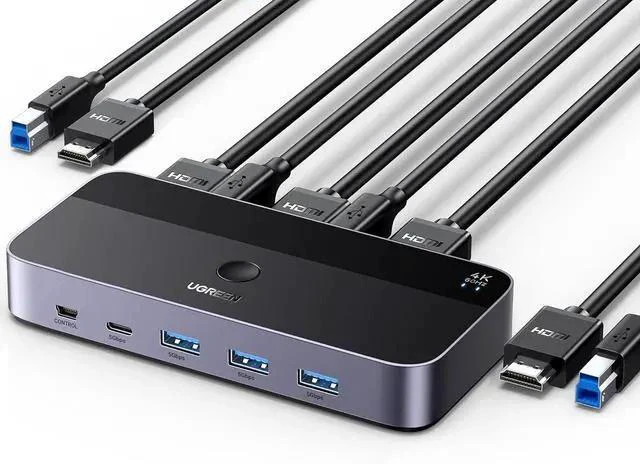 Main image of UGREEN USB 3.0 HDMI KVM Switch with 4 USB 3.0 Ports 4K@60Hz for 2 Computers Sharing 1 Monitor Keyboard Mouse Hard Drives Printer, with 2 HDMI Cables, 2 USB Cables and Controller