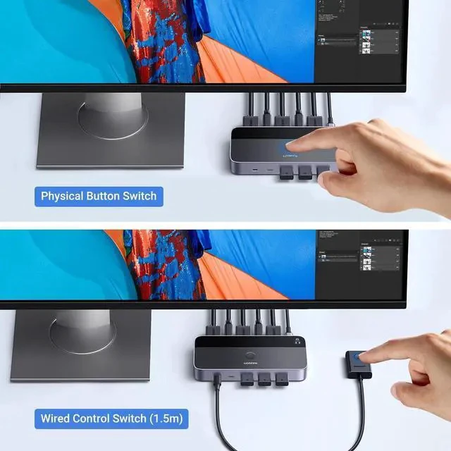 Alt view image 6 of 7 - UGREEN USB 3.0 HDMI KVM Switch with 4 USB 3.0 Ports 4K@60Hz for 2 Computers Sharing 1 Monitor Keyboard Mouse Hard Drives Printer, with 2 HDMI Cables, 2 USB Cables and Controller