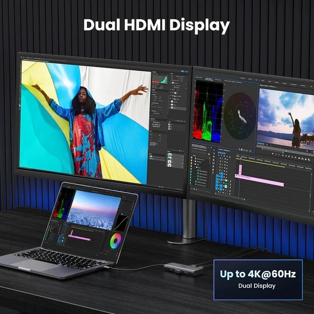 Alt view image 3 of 7 - UGREEN Docking Station, Revodok 206 USB C Hub (6-in-1) with Dual 4K@60Hz, Single 8K@30Hz, 100W Power Delivery, 3X 5Gbps USB Data Ports, USB-C Dock for Thinkpad, HP, Dell Laptops and More