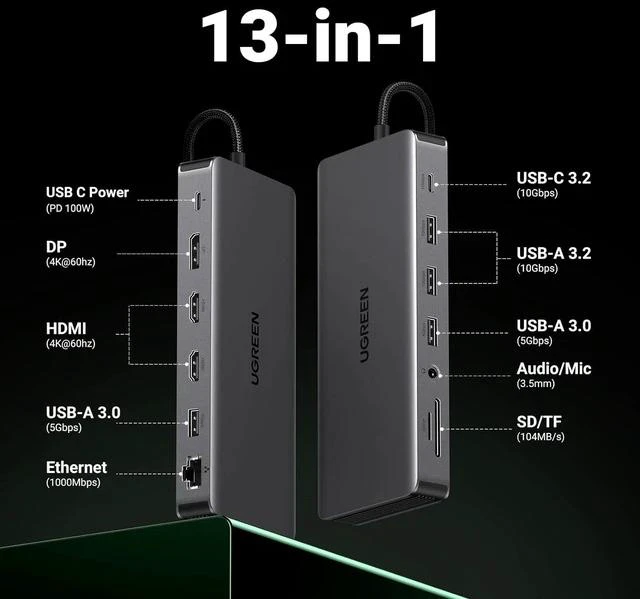 Alt view image 7 of 7 - UGREEN Revodok Pro 313 Laptop Docking Station 13 in 1 4K Triple Display USB C Dock Dual HDMI, DP, 10Gbps Data Port 100W PD Gigabit Ethernet, SD/TF Card Reader Compatible for Thinkpad, Zenbook and more