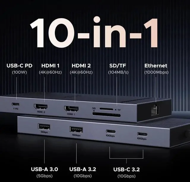 Alt view image 2 of 7 - UGREEN 10 in 1 USB C Docking Station Dual 4K Monitor, Revodok USBC Hub with 2 HDMI, USB A&C 3.2 Ports, SD/TF Card Reader, PD 100W Charging, USB C Dock with 1Gbps Ethernet for Dell, HP, XPS and More