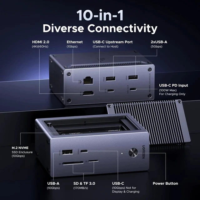 Alt view image 2 of 7 - UGREEN Revodok NVMe Docking Station 10-in-1 USB-C Hub 4K@60Hz HDMI, M.2 NVMe SSD Enclosure, 10Gbps USB-C/A, 100W PD Charging, Gigabit Ethernet, SD/TF for MacBook M5, Mac mini M4, Windows Laptop