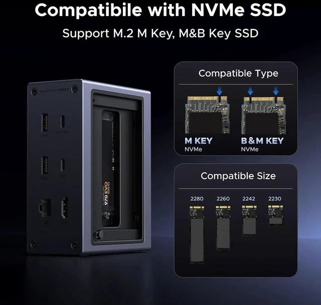 Alt view image 4 of 7 - UGREEN Revodok NVMe Docking Station 10-in-1 USB-C Hub 4K@60Hz HDMI, M.2 NVMe SSD Enclosure, 10Gbps USB-C/A, 100W PD Charging, Gigabit Ethernet, SD/TF for MacBook M5, Mac mini M4, Windows Laptop