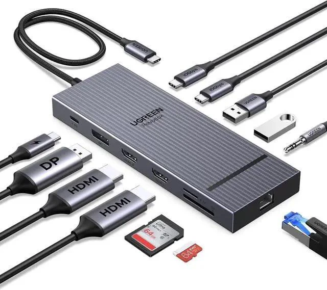 Main image of UGREEN 12 in 1 Triple 4K Docking Station with 2 HDMI, DP, 2x10G USB C, 2×USB-A2.0, 100W PD, SD/TF, 1000Mbps Ethernet, 3.5MM Audio, Revodok Pro USBC Hub Multiple Adapter for DELL, HP and More