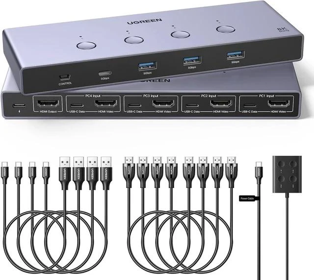 Main image of UGREEN 8K@60Hz HDMI KVM Switch 4 Computers with 4 USB 3.0 Ports Aluminum KVM Switches Share One Monitor Keyboard Mouse Hard Drives Printer with 4 HDMI Cables, 4 USB Cables and Desktop Controller