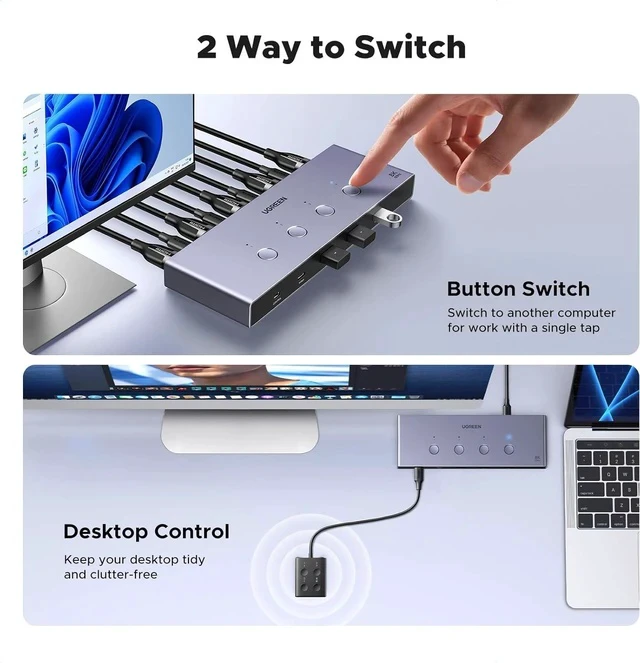 Alt view image 6 of 7 - UGREEN 8K@60Hz HDMI KVM Switch 4 Computers with 4 USB 3.0 Ports Aluminum KVM Switches Share One Monitor Keyboard Mouse Hard Drives Printer with 4 HDMI Cables, 4 USB Cables and Desktop Controller