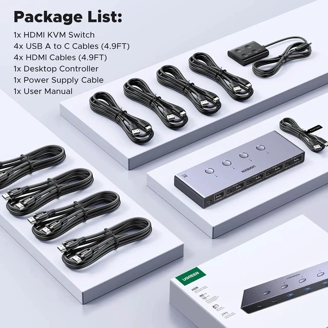 Alt view image 7 of 7 - UGREEN 8K@60Hz HDMI KVM Switch 4 Computers with 4 USB 3.0 Ports Aluminum KVM Switches Share One Monitor Keyboard Mouse Hard Drives Printer with 4 HDMI Cables, 4 USB Cables and Desktop Controller