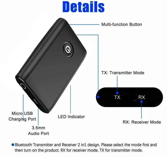 Alt view image 3 of 7 - B10S Bluetooth 5.3 Audio Adapter 2-in-1 Transmitter & Receiver, 3.5mm AUX, for TV / PC / Speaker / Car