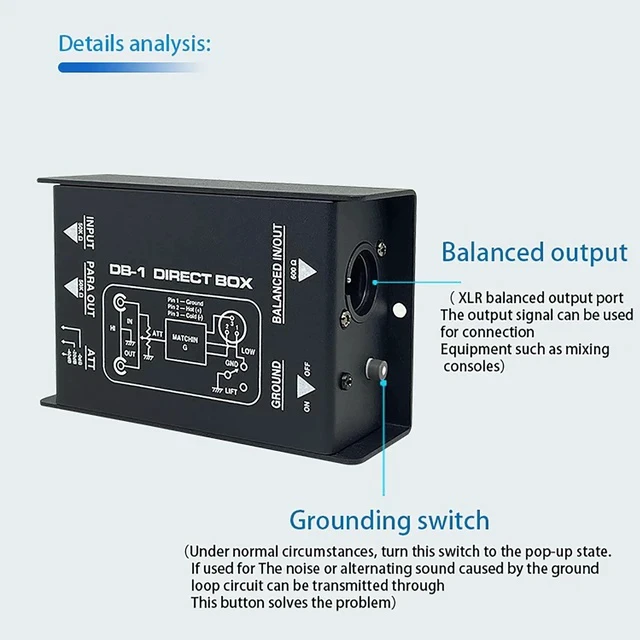 Alt view image 7 of 7 - Passive DI Box Direct Box with Audio Isolation, Eliminates Ground Loop Noise, Converts High-Impedance to Low-Impedance Signal for Mixers / Interfaces