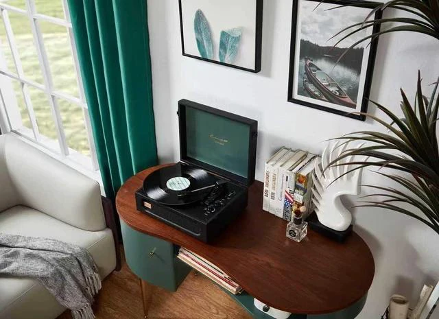 Alt view image 4 of 7 - Coryphaeus Vinyl Record Player 3-Speed Bluetooth Input and Output Built-in Speakers with Magnetic Cartridge Auto Off (Black Green)