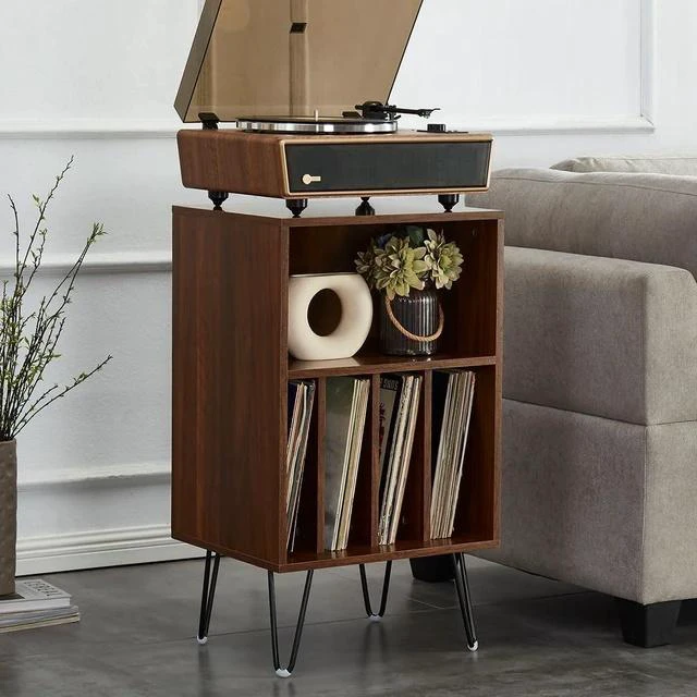 Alt view image 3 of 7 - High Fidelity Bluetooth Record Player with Built-in Speakers Belt Drive Vinyl Turntable with Moving Magnet Cartridge, Bluetooth Input Output and Aux-in (Huygens Walnut + Audio Rack)