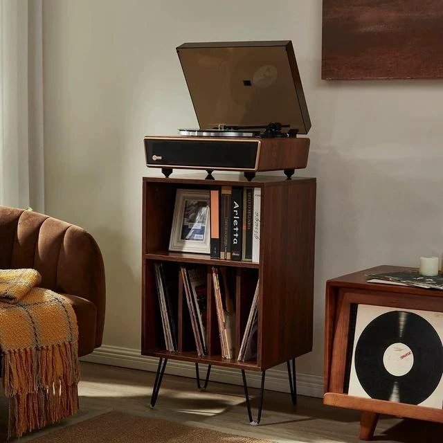 Alt view image 2 of 7 - High Fidelity Bluetooth Record Player with Built-in Speakers Belt Drive Vinyl Turntable with Moving Magnet Cartridge, Bluetooth Input Output and Aux-in (Huygens Walnut + Audio Rack)
