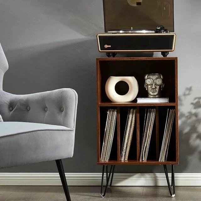 Alt view image 6 of 7 - High Fidelity Bluetooth Record Player with Built-in Speakers Belt Drive Vinyl Turntable with Moving Magnet Cartridge, Bluetooth Input Output and Aux-in (Huygens Walnut + Audio Rack)