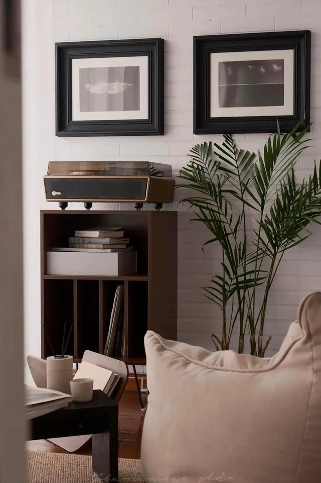 Alt view image 4 of 7 - High Fidelity Bluetooth Record Player with Built-in Speakers Belt Drive Vinyl Turntable with Moving Magnet Cartridge, Bluetooth Input Output and Aux-in (Huygens Walnut + Audio Rack)