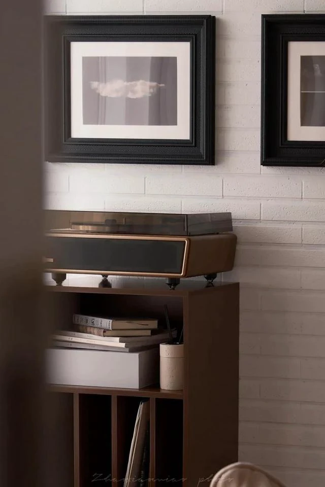 Alt view image 5 of 7 - High Fidelity Bluetooth Record Player with Built-in Speakers Belt Drive Vinyl Turntable with Moving Magnet Cartridge, Bluetooth Input Output and Aux-in (Huygens Walnut + Audio Rack)