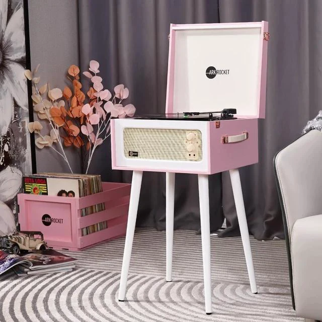 Alt view image 6 of 7 - Discovery II 3-Speed Bluetooth Record Player Retro Console Turntable with Built-in Speakers and Removable Legs (Pink/White)