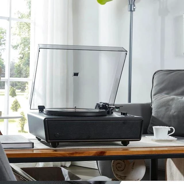Alt view image 4 of 6 - High Fidelity Bluetooth Record Player with Built-in Speakers Belt Drive Vinyl Turntable with Moving Magnet Cartridge, Bluetooth Input Output and Aux-in (Black)
