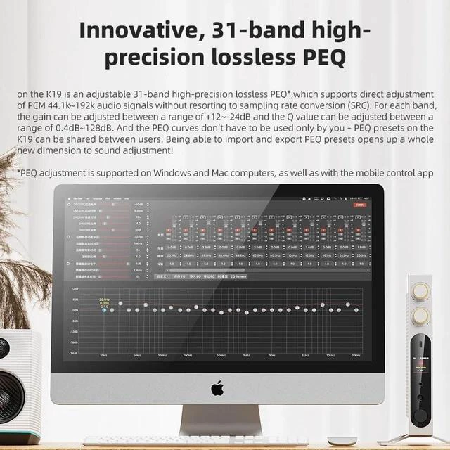 Alt view image 3 of 7 - K19 Dual ES9039SPRO Desktop DAC HiFi Audio DSD512, 31-Band PEQ, XMOS XU-316 for HDMI/Coaxial/Optical Audio Decoder (Silver)