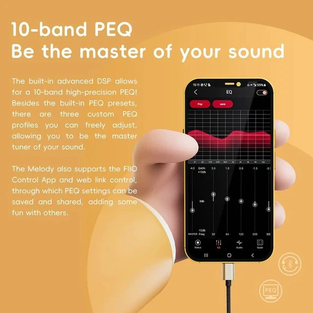 Alt view image 2 of 7 - /Snowsky Melody Headphone Amplifier Portable DAC with 4.4mm and 3.5mm Headphones Outputs Support DSD256, 10-Band PEQ for Android/iOS/Mac/Windows (Maple)