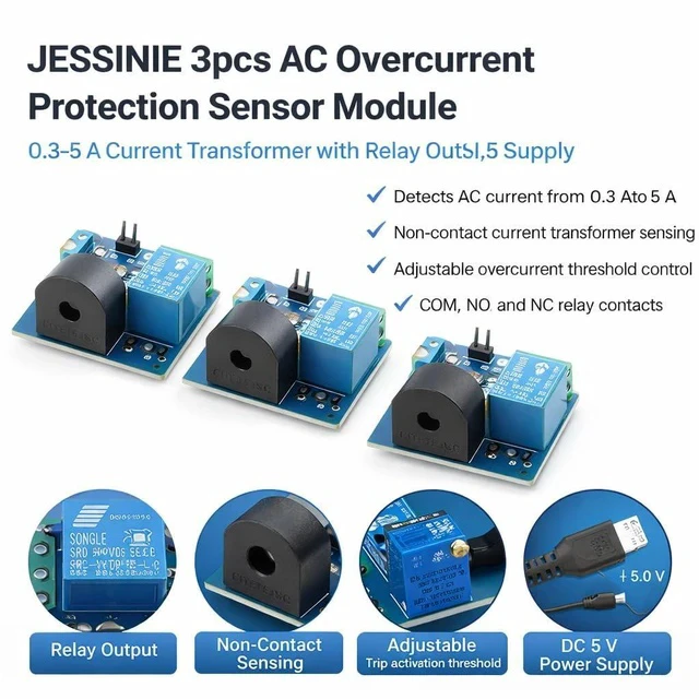 Alt view image 4 of 5 - 3pcs AC Overcurrent Protection Sensor Module, 0.35 A Current Transformer with Relay Output, 5 V Supply