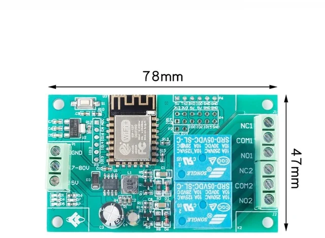 Alt view image 5 of 5 - ESP8266 Dual Relay Module, 2 Channel 10A ESP-12F Development Board for Smart Home IoT, 5V/8-80V Power Supply