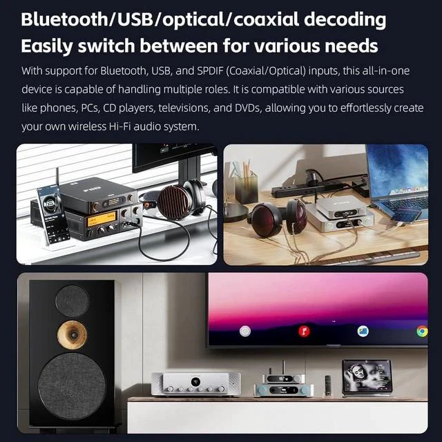Alt view image 5 of 7 - BR15 R2R High-Resolution Bluetooth 6.0 Audio Receiver with QCC5181, aptX Lossless & LDAC, 24-Bit R2R DAC, USB/Optical/Coaxial Input, RCA/XLR Output, Wireless HiFi Upgrade for Home Audio (Silver)